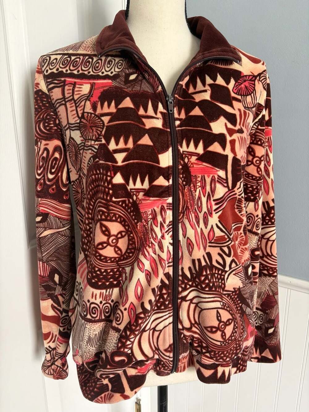 Mirror Image Vintage Velour Zip-Up Jacket with Abstract Geometric Tribal Print